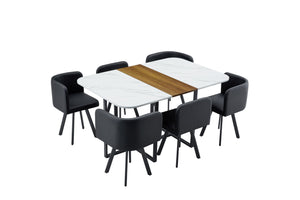 English Elm 7-piece Melamine Dining Set with Pu Cushioned Chairs and Iron Frame for Small Spaces W3875S00022