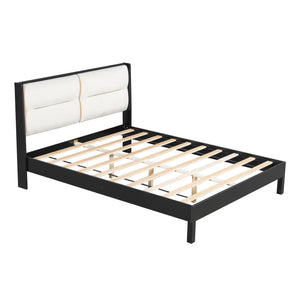 English Elm Solid Wood Queen Platform Bed Velvet Tufted Headboard Architectural Slat Design Black N7090000742B