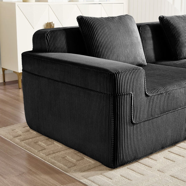 English Elm Modular 4-Seat L-Shaped Sectional Sofa In Black Corduroy - Cloud-Like Comfort With Ottoman & Pillows W3041S00328