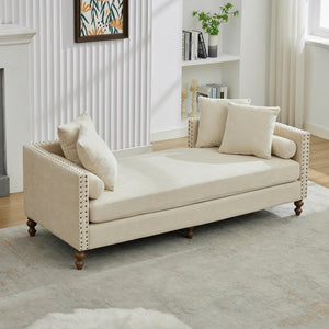 English Elm 75.2'' Chenille Upholstered Daybed Chaise with Nailhead Trim and Rubberwood Legs Beige W3188S00056