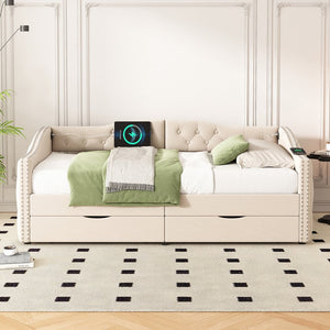 English Elm Upholstered Twin Daybed with Linen Tufted Back Nailhead Arms and Storage Drawers W1670P391274