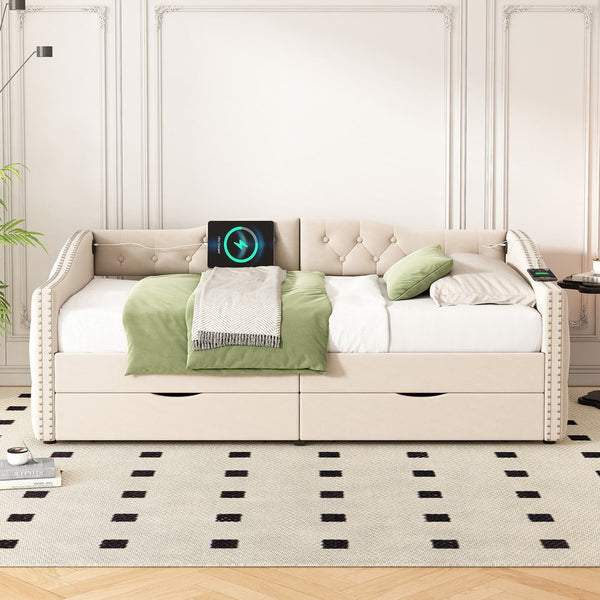 English Elm Upholstered Twin Daybed with Linen Tufted Back Nailhead Arms and Storage Drawers W1670P391274