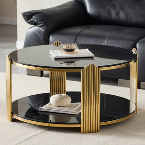 English Elm 35inch Round Coffee Table Dual Tier Tempered Glass Gold Steel Frame Living Room W3357P395503
