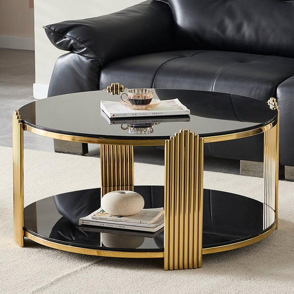 English Elm 35inch Round Coffee Table Dual Tier Tempered Glass Gold Steel Frame Living Room W3357P395503