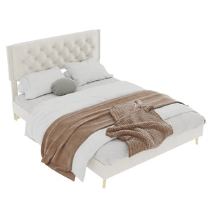 English Elm Velvet Tufted Queen Platform Bed Diamond Headboard for Elegant Master Bedroom W1935P361008