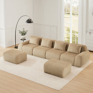 English Elm 146" U-shaped Modular Sectional Flannelette Sofa with Ottoman for Spacious Living Rooms Light Camel W714S01516