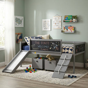 English Elm Twin Kids Loft Bed Solid Pine Frame with Slide Chalkboard and Climbing Rope Play Zone Gray N708P340493E