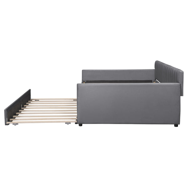 English Elm Full Size Velvet Upholstered Daybed with Pull Out Trundle and Wood Slat Support Gray LP100121AAE