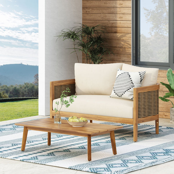 English Elm Christopher Knight Home® - 2 Outdoor Acacia Loveseat Set with Faux Rattan, Plush 6" Cushions & Slatted Coffee Table, Beige 71368.00