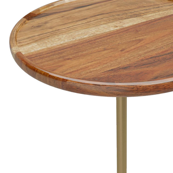 English Elm Becker Round Side Table with Acacia Wood Top, Antique Brass Stem & White Marble Base, 15" x 23" B136P159926