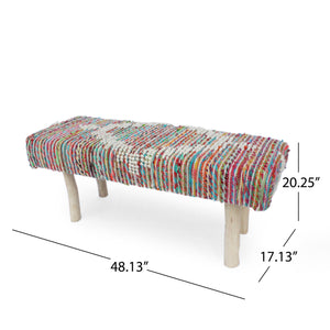 English Elm Christopher Knight Home® - Eucalyptus Wood Bench - Handcrafted Boho Upholstered Entryway Seating With Ivory Knit And Eco-Friendly Design 66418.00IVRMLT