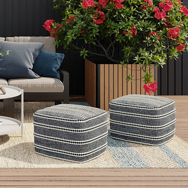 English Elm Corrie Handwoven Square Outdoor/Indoor Pouf Navy White - Recycled PET, Water & UV Resistant Seating B136P159018