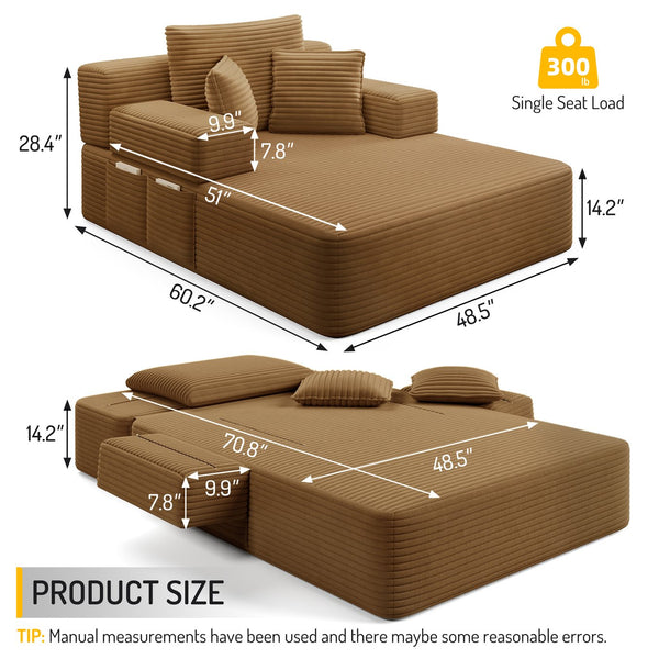English Elm Luxurious Corduroy Convertible Chaise Lounge Sofa Bed with Storage and Coil Spring Foam Camel W3219P483086