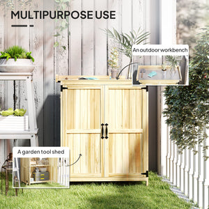 English Elm Wooden Garden Potting Bench with Fir Construction Steel Top and Weatherproof Tool Cabinet T3971P423152