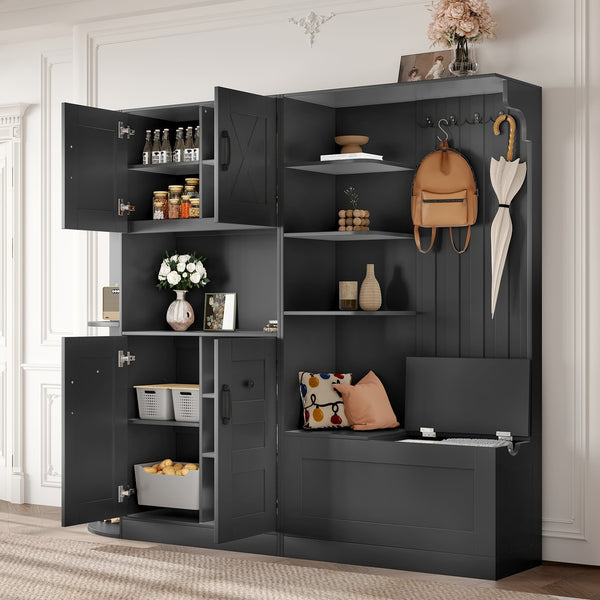English Elm Multifunctional Modular Hall Tree Cabinet with Open Shelves and Hooks for Entryway Black W1580S00566