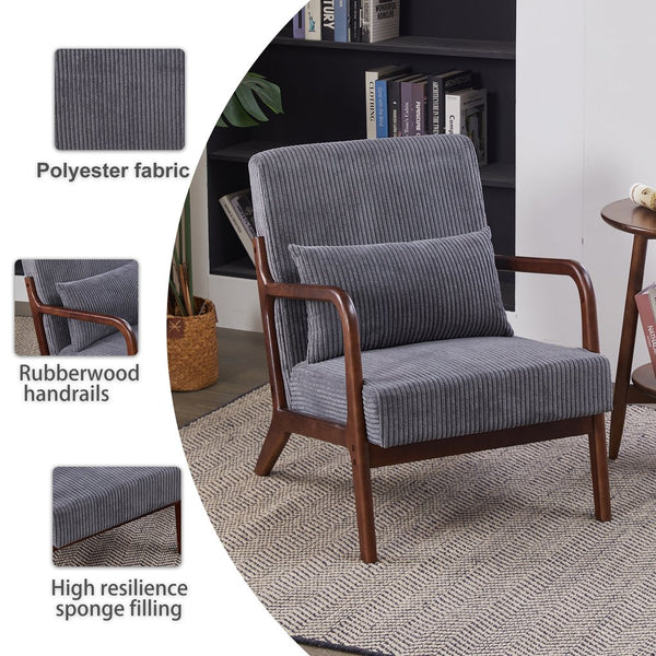 English Elm Mid-Century Upholstered Accent Chair Antique Dark Grey — Ergonomic Solid Wood Frame, Cozy Pillow Seat W2989P295372