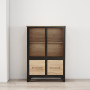 English Elm Storage Cabinet Matte Iron Four Door Sideboard with Adjustable Shelf for Modern Interiors Black+Natural W3151P407883