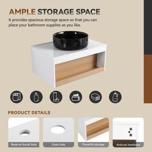 English Elm 30" Floating Wall Mount Bathroom Vanity Open Shelf Ceramic Vessel Sink Modern White White + Light Oak,White+Black W3450S00060