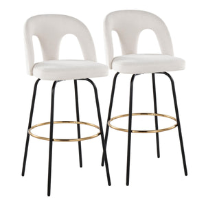 English Elm Fixed-height Swivel Barstools with Gold Footrest Black Frame White Upholstery Set B202S01873