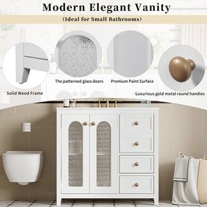 English Elm 36.02-inch white bathroom vanity with ceramic basin, gold round handles, soft-close doors & drawers N729P184710K