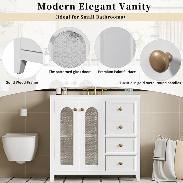 English Elm 36.02-inch white bathroom vanity with ceramic basin, gold round handles, soft-close doors & drawers N729P184710K