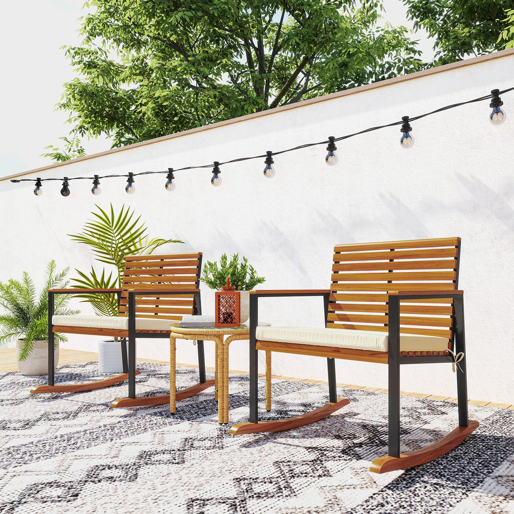 English Elm Outsunny Acacia Wood Patio Rocking Chair Set of 2 with Cushions and Armrests W2225P485614