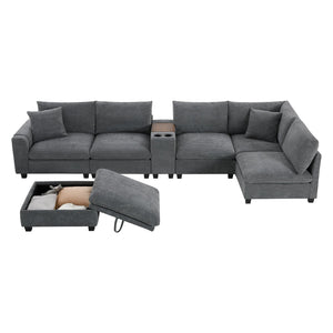 English Elm 139'' U-shaped Corduroy Sectional with Ottoman Console Usb Port and Cup Holders for Living Gray N723S1166E