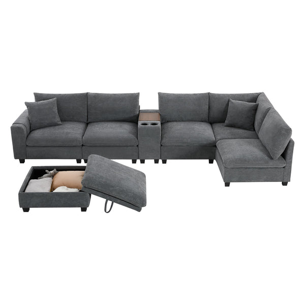 English Elm 139'' U-shaped Corduroy Sectional with Ottoman Console Usb Port and Cup Holders for Living Gray N723S1166E