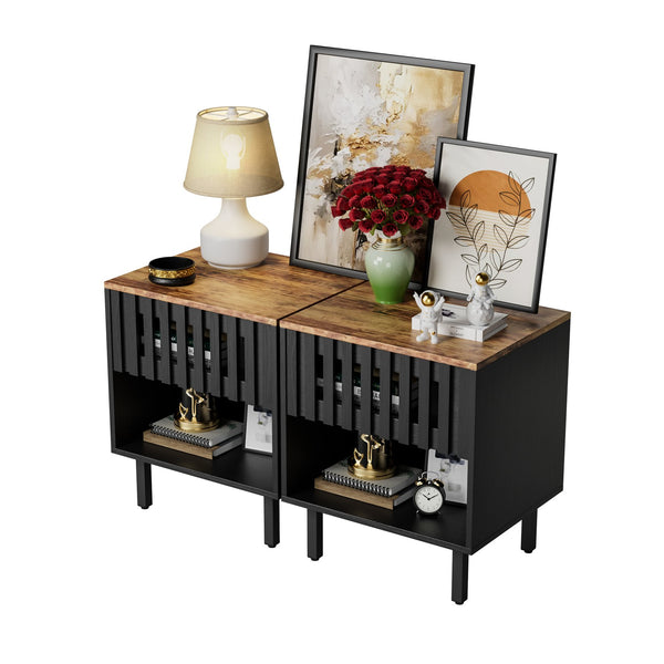 English Elm 2 Set Nightstands with Grille Striped Doors Modern Mid-Century Bedside Tables Black MDF Metal Legs, Storage W578P193301