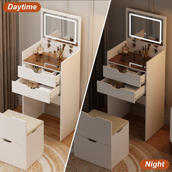 English Elm Dressing Table Set with Led Lit Flip Mirror Hidden Stool and Dual Drawers for Small Spaces W5252P447369