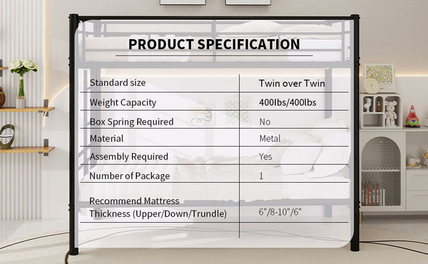 English Elm Twin Metal Bunk Bed for Kids - Durable Twin Over Twin Bedframe with Guardrails, Ladder, Convertible W1935P294047