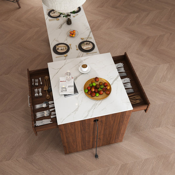 English Elm 80-inch Expandable Island Dining Set Walnut Marble Top Power Outlets 4 Wood Chairs W2700S00141