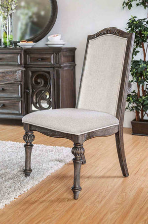 English Elm Elegant Round Pedestal Dining Set Carved Wood Table with Four Upholstered Side Chairs Ivory,Natural,Natural+Rustic B2741S00886