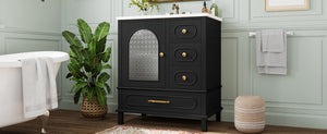 English Elm 30" Freestanding Bathroom Vanity Solid Wood Cabinet Ceramic Basin 3 Drawer Storage Black W1580P382511