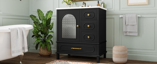English Elm 30" Freestanding Bathroom Vanity Solid Wood Cabinet Ceramic Basin 3 Drawer Storage Black W1580P382511