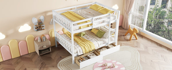 English Elm Full Full Over Full Bunk Bed In White - Durable Rubberwood With 2 Drawers, Converts To 2 Beds, Safe Design W504S00195