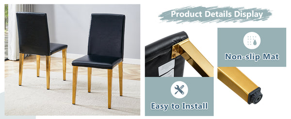 English Elm Four PU dining chairs with sleek silver metal legs, ergonomic PU seats, anti-slip feet, easy assembly, modern minimalist style Black+Gold W1151P269024