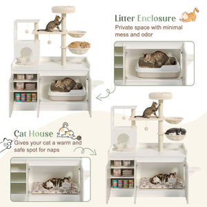 English Elm 50.6" Modern White Cat Tower with Litter Enclosure Sisal Posts Hammock and Perch N704P443505K