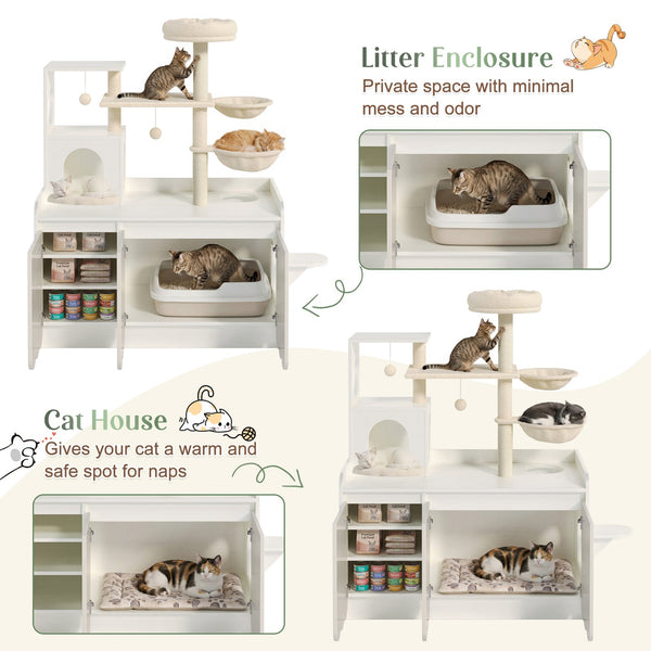 English Elm 50.6" Modern White Cat Tower with Litter Enclosure Sisal Posts Hammock and Perch N704P443505K
