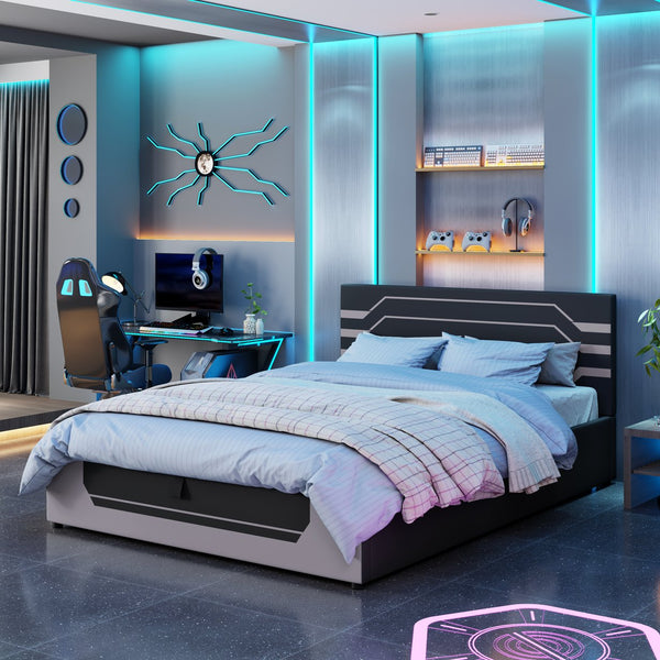 English Elm Modern Cyberpunk Queen Platform Bed Hydraulic Storage Pu Upholstered Gaming Frame Black+ Gray SF000205AAE