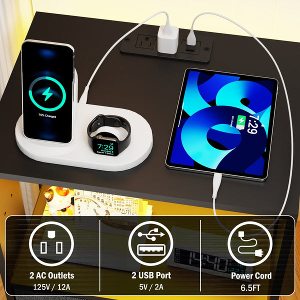 English Elm 2 Pack Modern Nightstands With Led Lighting & Charging Station - Stylish Fabric Drawers Included W1550P272495