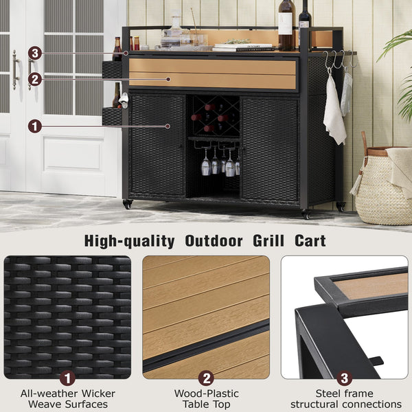 English Elm K&K Wicker Outdoor Grill Cart with Foldable Drop Leaf, Locking Wheels, Wine Rack & Ample Storage Black Brown N707P233747B