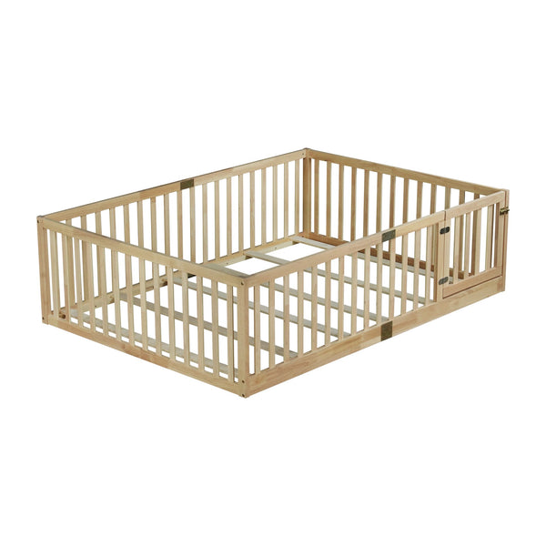 English Elm Twin Montessori Floor Bed Solid Rubber Wood with Safety Fence Rails Toddler Room W504P411200