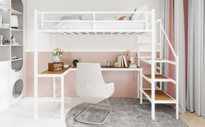 English Elm Loft Bed with L-shaped Desk Stair Storage and Full Guardrail Iron Frame White W1935S00008