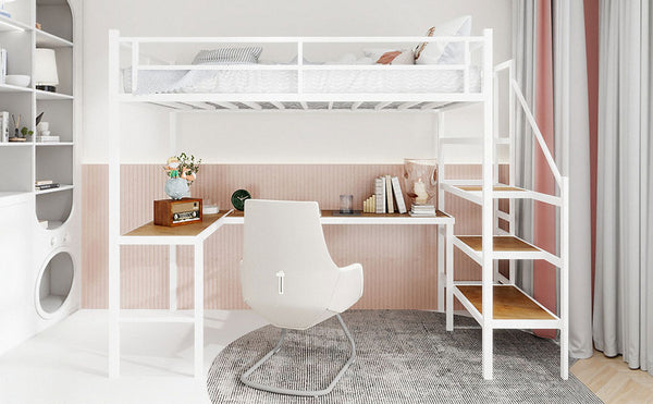 English Elm Loft Bed with L-shaped Desk Stair Storage and Full Guardrail Iron Frame White W1935S00008