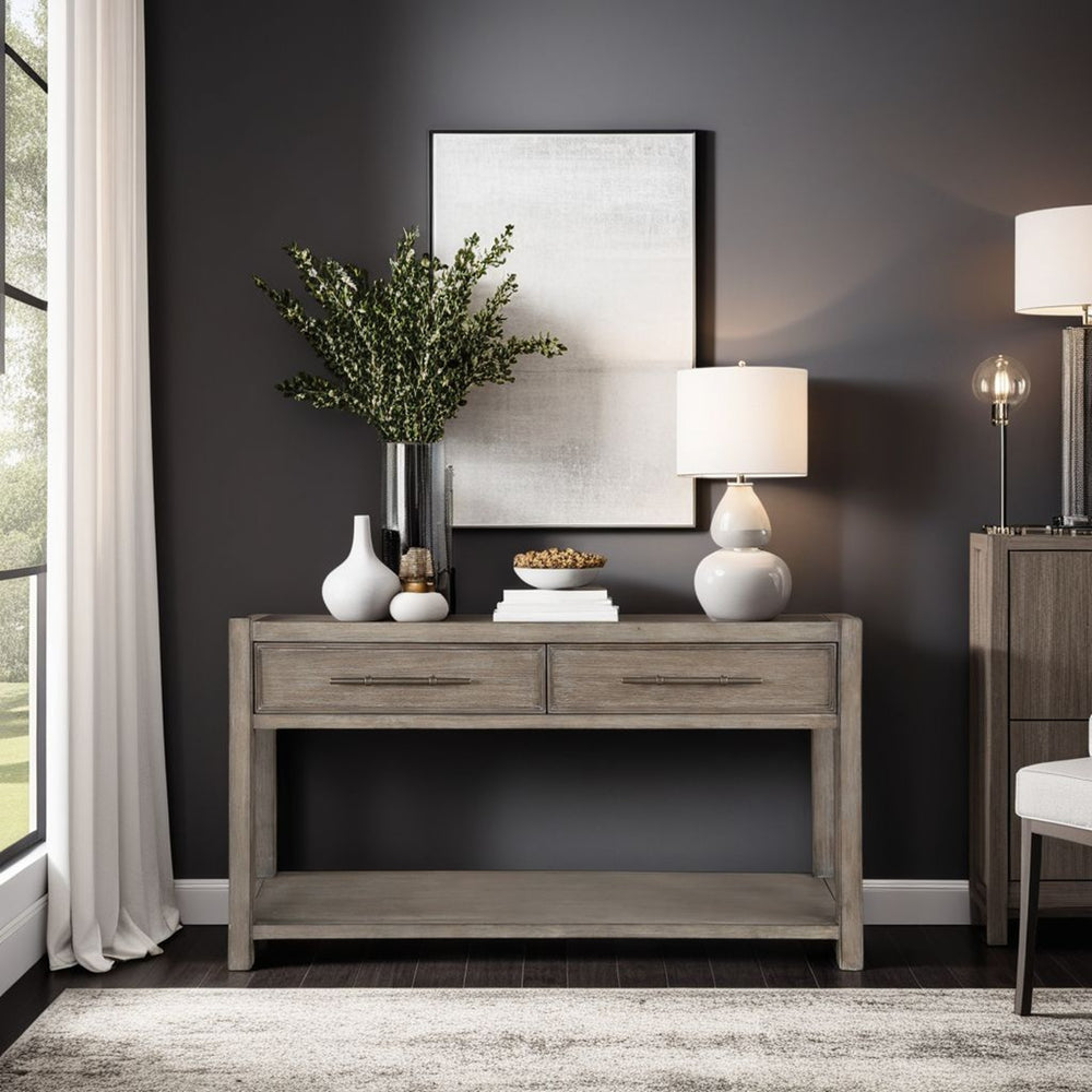 English Elm 54 54 inch Console Table White Oak Finish, Solid Oak Craft, Rubbed Bronze Pulls, Drawers & Shelf Ready to Use B108P163865