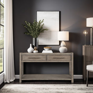 English Elm 54 54 inch Console Table White Oak Finish, Solid Oak Craft, Rubbed Bronze Pulls, Drawers & Shelf Ready to Use B108P163865