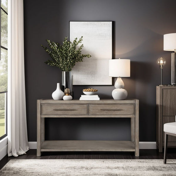 English Elm 54 54 inch Console Table White Oak Finish, Solid Oak Craft, Rubbed Bronze Pulls, Drawers & Shelf Ready to Use B108P163865