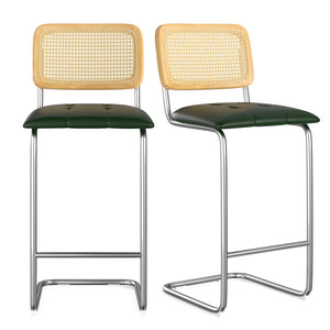 English Elm Counter Height Bar Stools Set Of 2 - Modern Green Pu Leather & Rattan Back Chairs For Kitchen Use T3623P360704