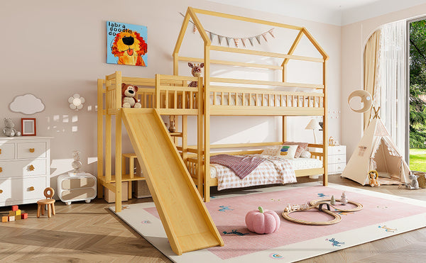 English Elm Full Bunk Bed with Trundle Bookshelf Storage Pine Frame Car Design for Kids W1580S00301